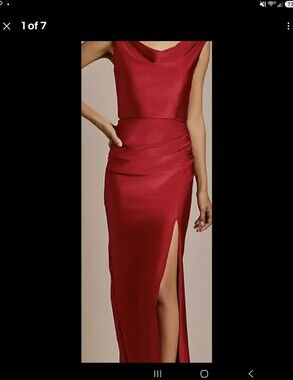 Red Draped Cowl Neck Evening Gown